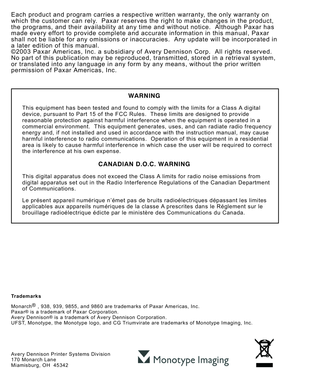Paxar 939 manual Canadian D.O.C. Warning, Trademarks 