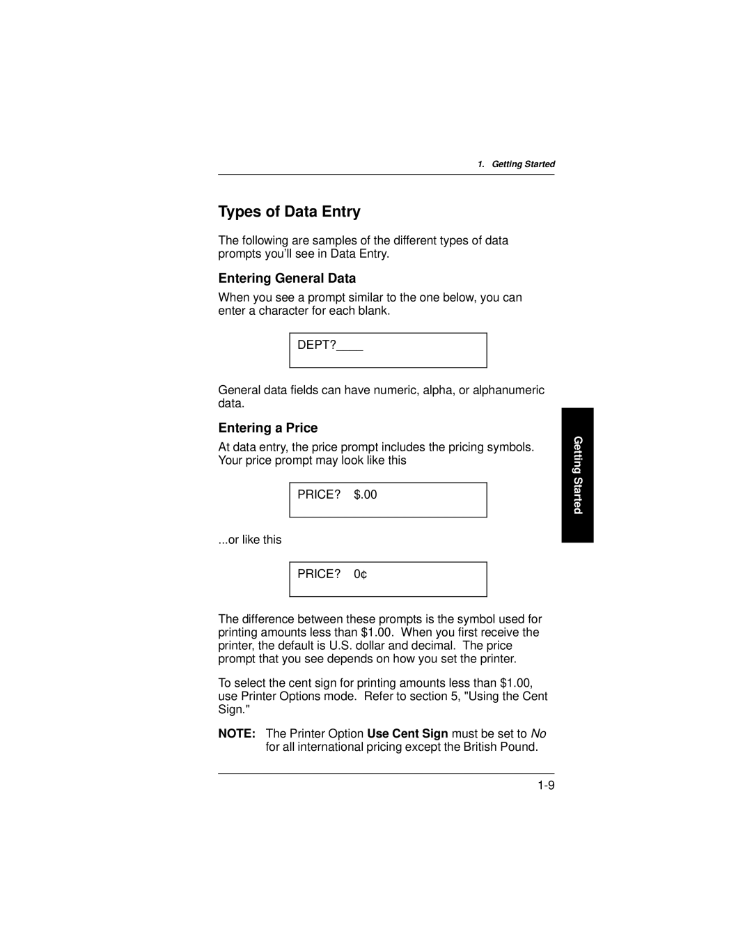 Paxar 9400 manual Types of Data Entry, Entering General Data 