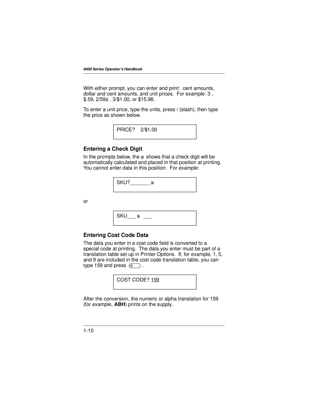 Paxar 9400 manual Entering a Check Digit 