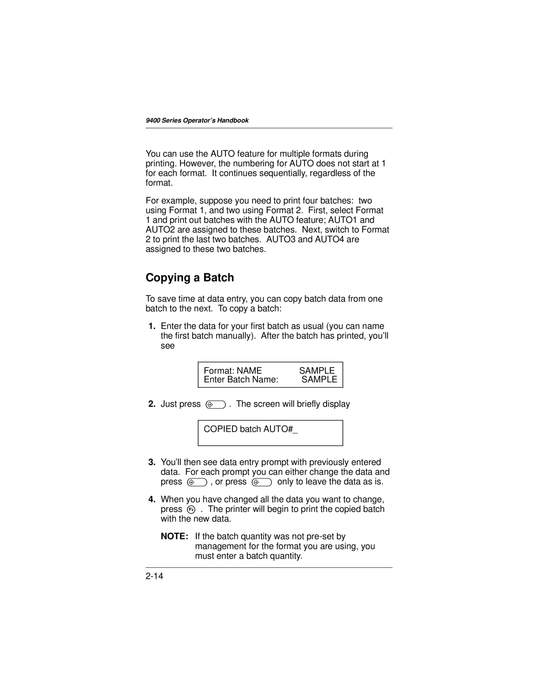 Paxar 9400 manual Copying a Batch 