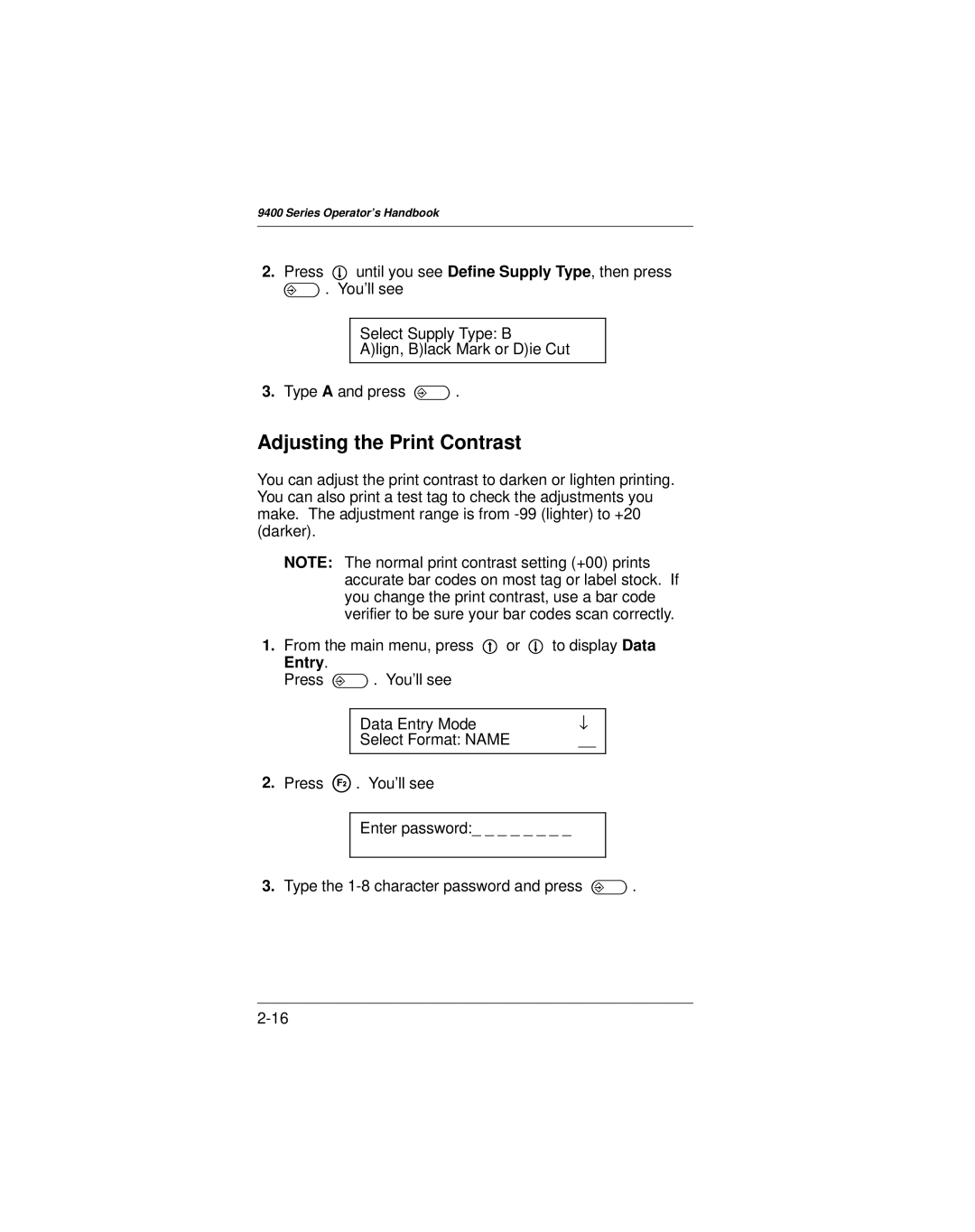 Paxar 9400 manual Adjusting the Print Contrast 