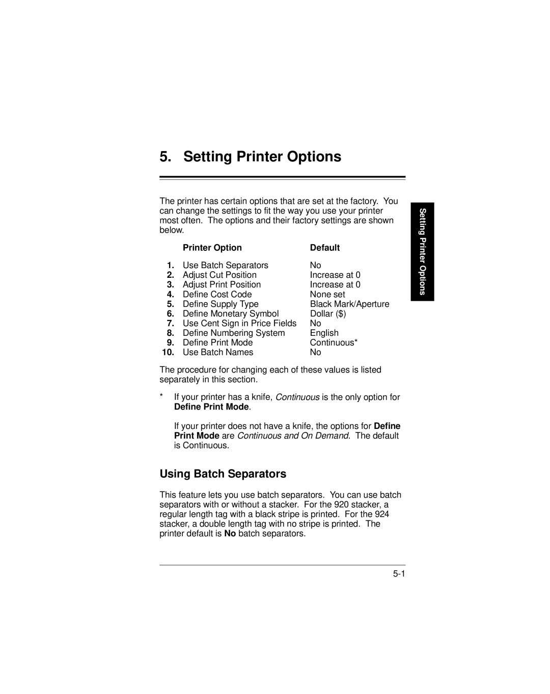 Paxar 9400 manual Setting Printer Options, Using Batch Separators 