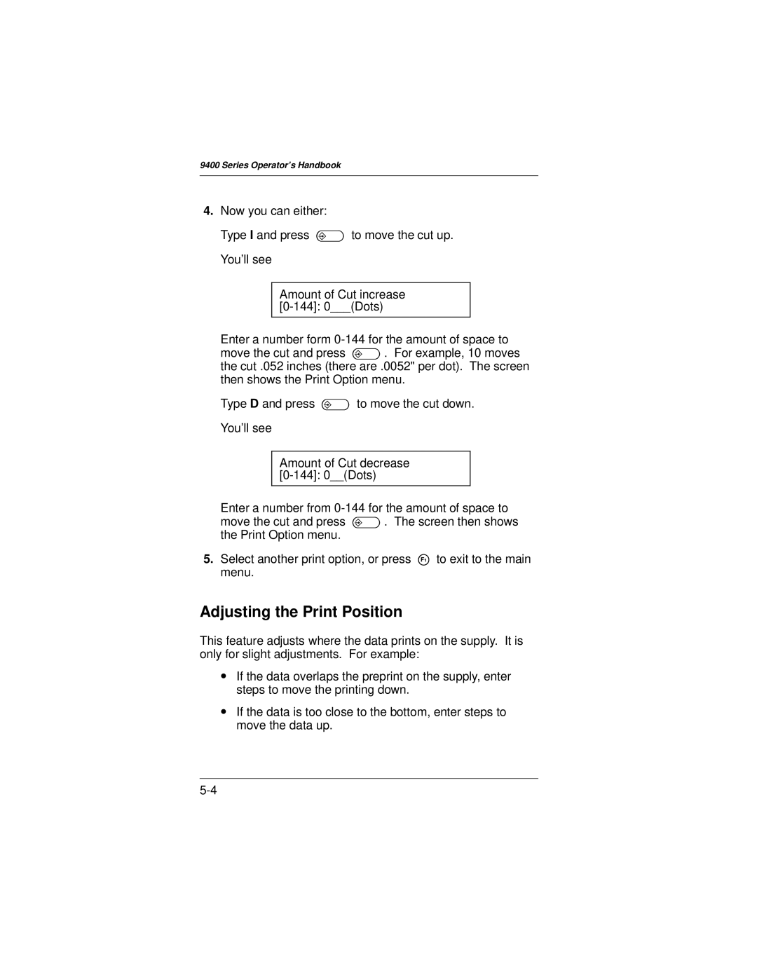 Paxar 9400 manual Adjusting the Print Position 