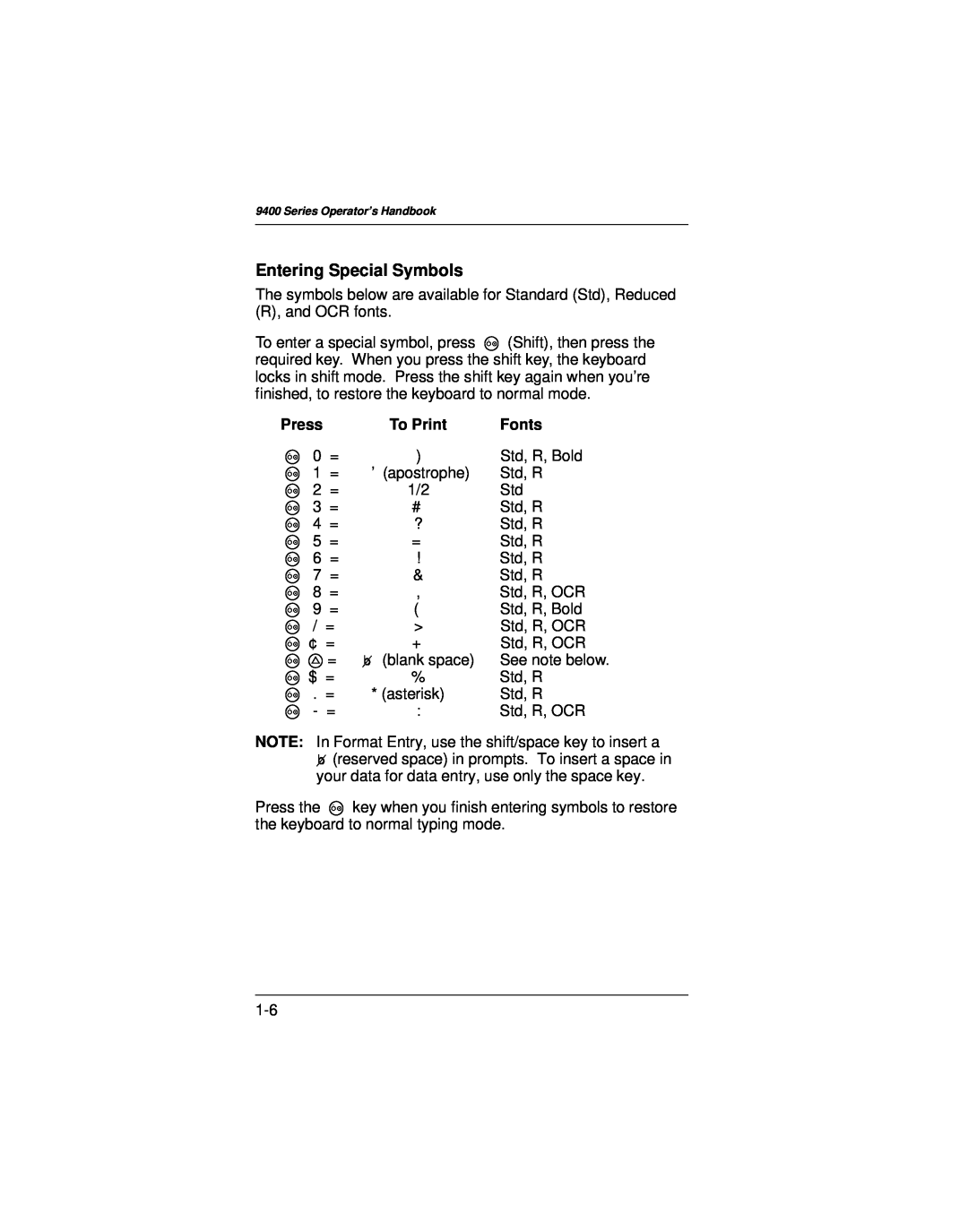 Paxar 9400 manual Entering Special Symbols, Press, Fonts 