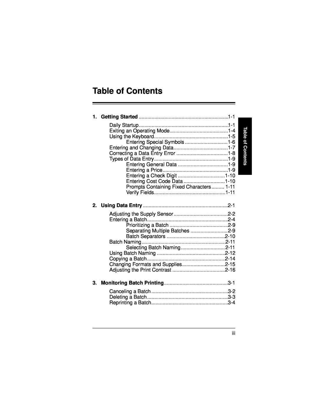 Paxar 9400 manual Table of Contents, Entering Cost Code Data, Prompts Containing Fixed Characters, Copying a Batch 
