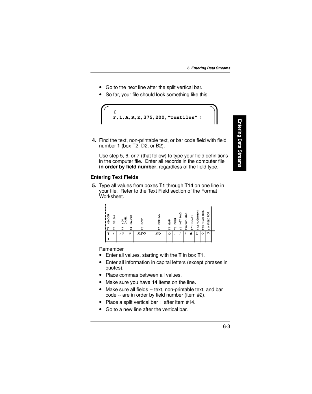 Paxar 9401 manual A,R,E,375,200,Textiles p, Entering Text Fields 