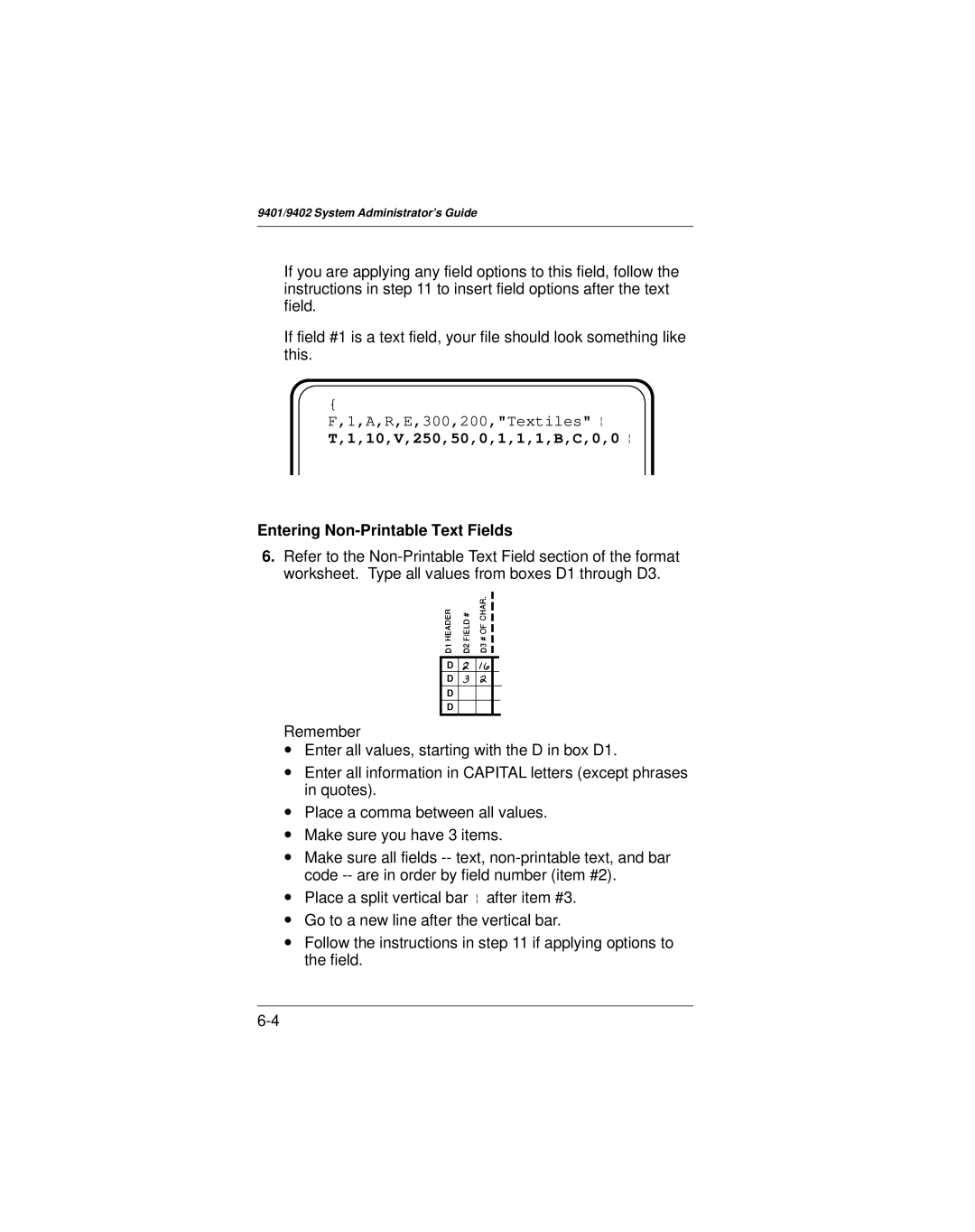 Paxar 9401 manual Entering Non-Printable Text Fields 