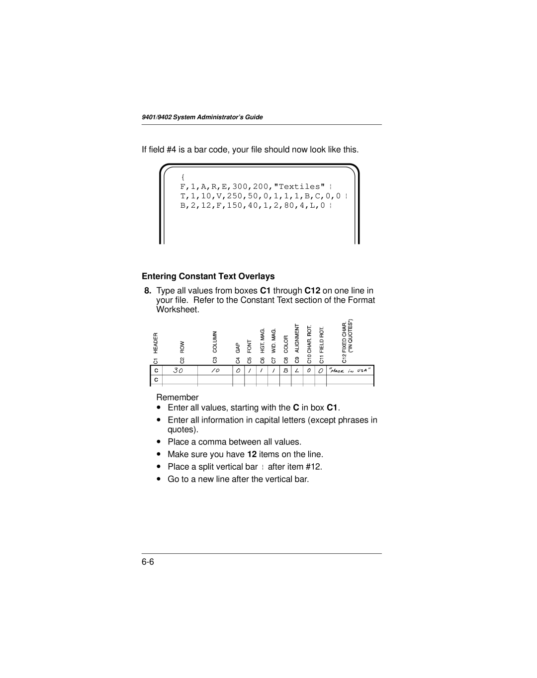 Paxar 9401 manual Entering Constant Text Overlays 