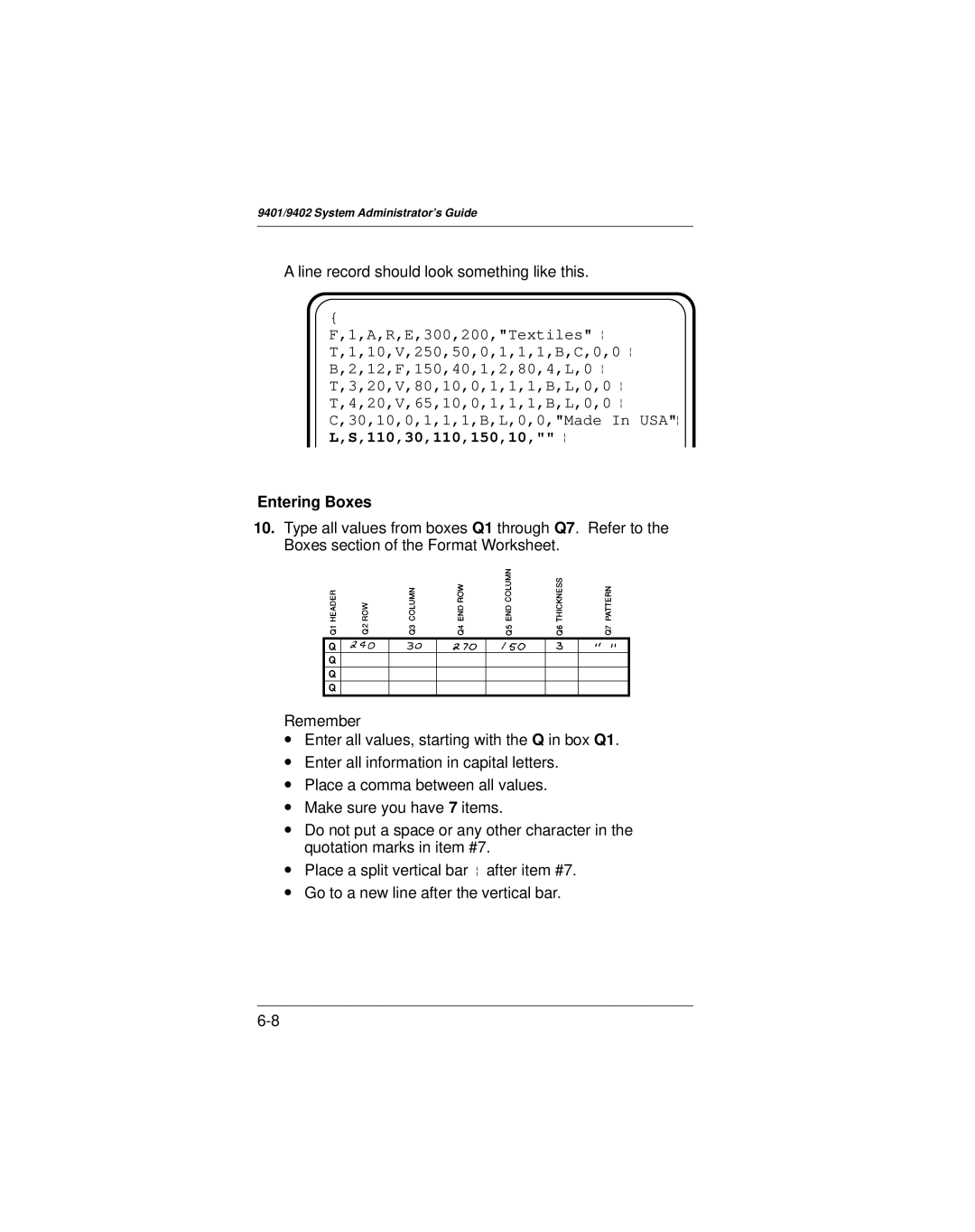 Paxar 9401 manual Line record should look something like this, Entering Boxes 