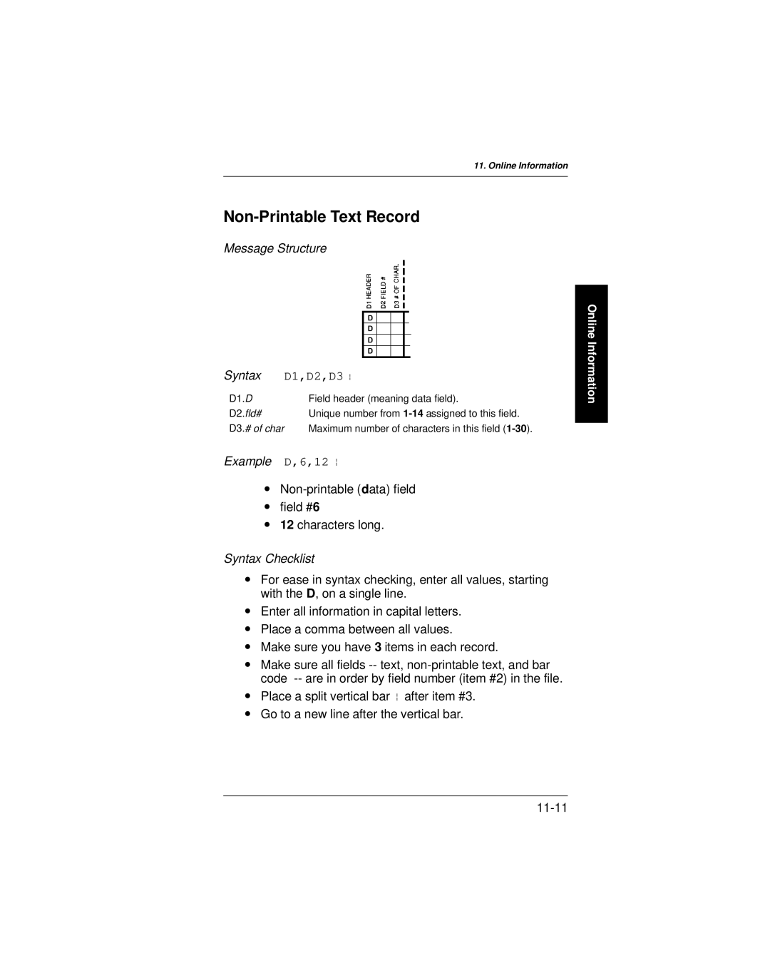 Paxar 9401 manual Non-Printable Text Record, D1,D2,D3 p 