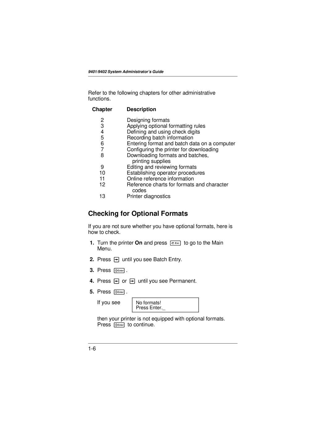 Paxar 9401 manual Checking for Optional Formats, Chapter Description 