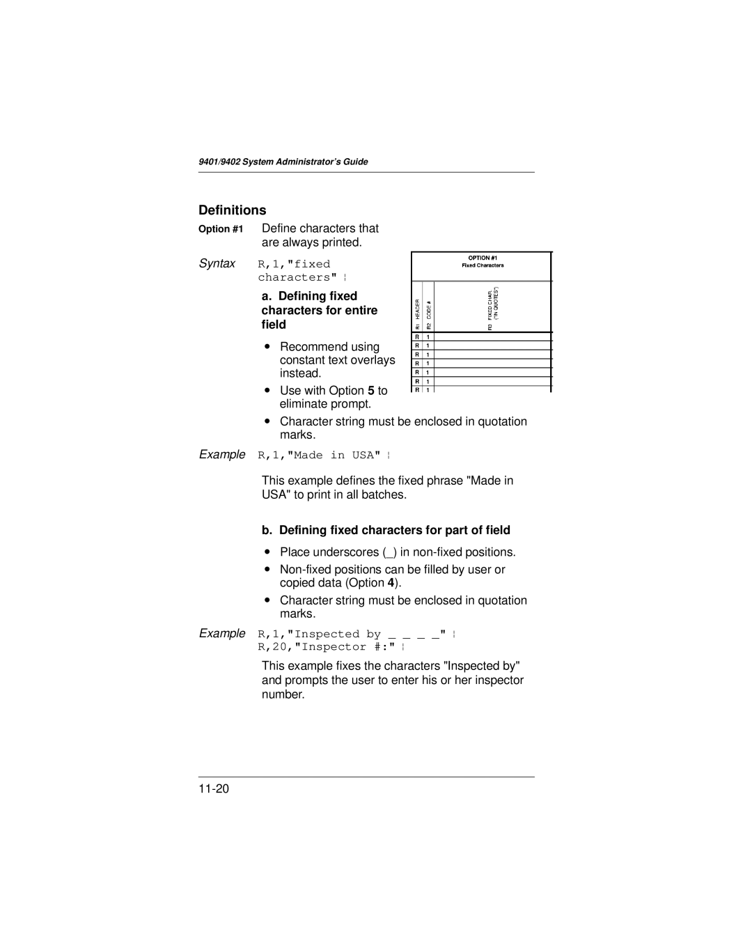 Paxar 9401 manual Definitions, Defining fixed characters for entire field, Defining fixed characters for part of field 