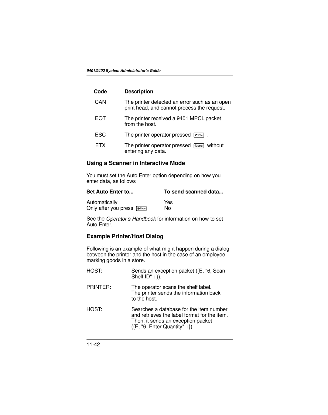 Paxar 9401 manual Using a Scanner in Interactive Mode, Example Printer/Host Dialog, Set Auto Enter to 