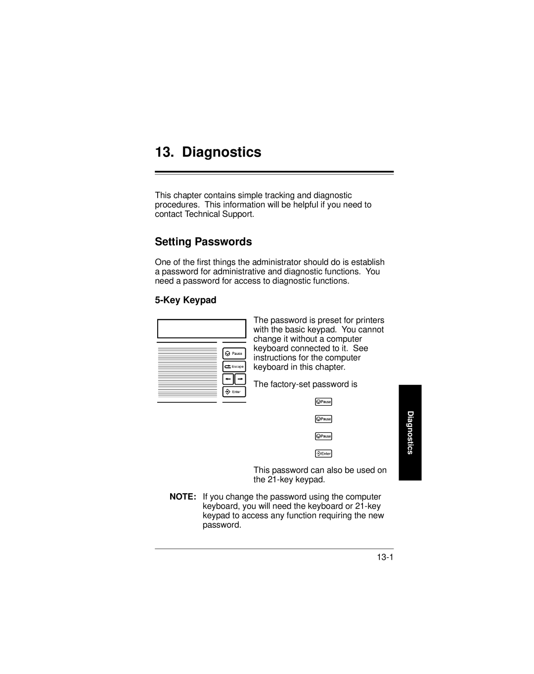 Paxar 9401 manual Diagnostics, Setting Passwords, Key Keypad 