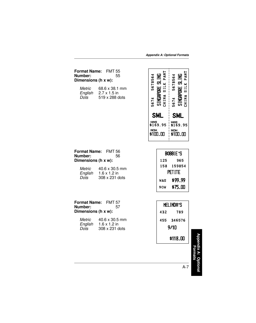 Paxar 9401 manual Format Name FMT Number55 Dimensions h x w, Format Name FMT Number56 Dimensions h x w 