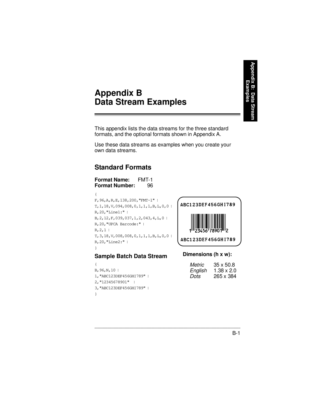 Paxar 9401 manual Appendix B Data Stream Examples, Sample Batch Data Stream, Format Number 