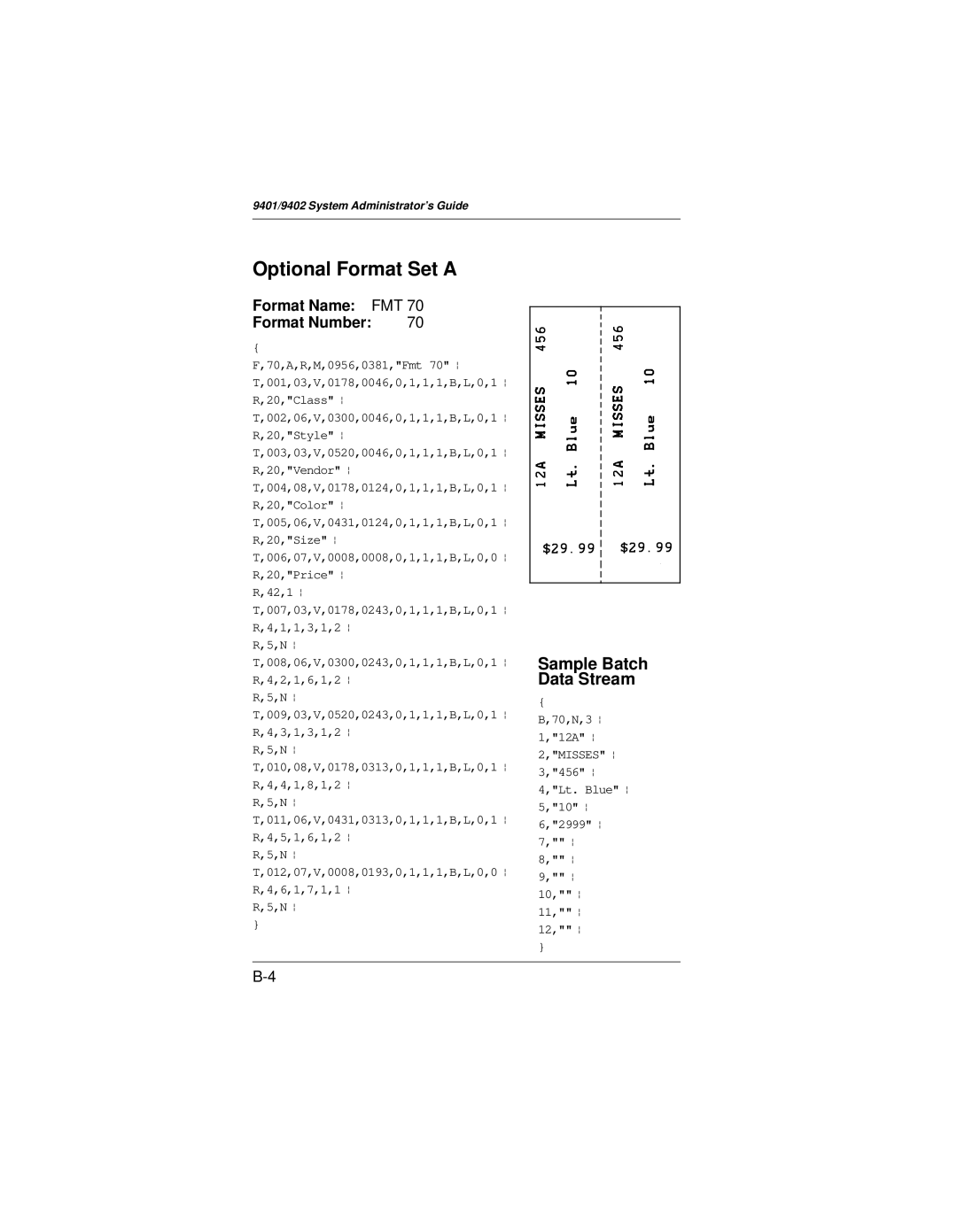 Paxar 9401 manual Optional Format Set a, Format Name FMT Format Number 