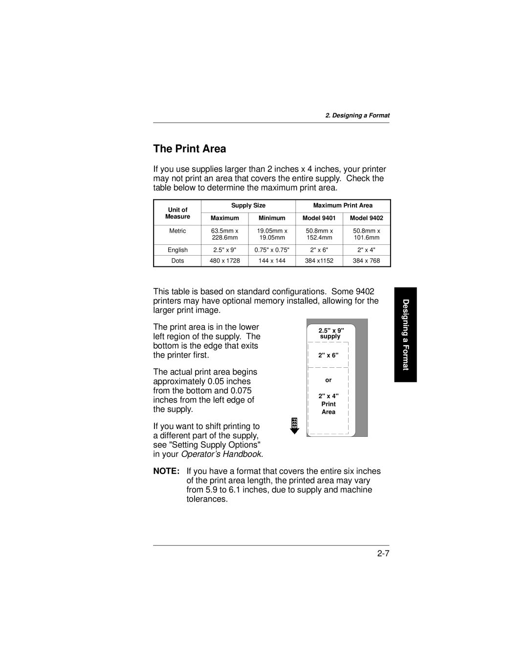 Paxar 9401 manual Unit Supply Size Maximum Print Area Measure 