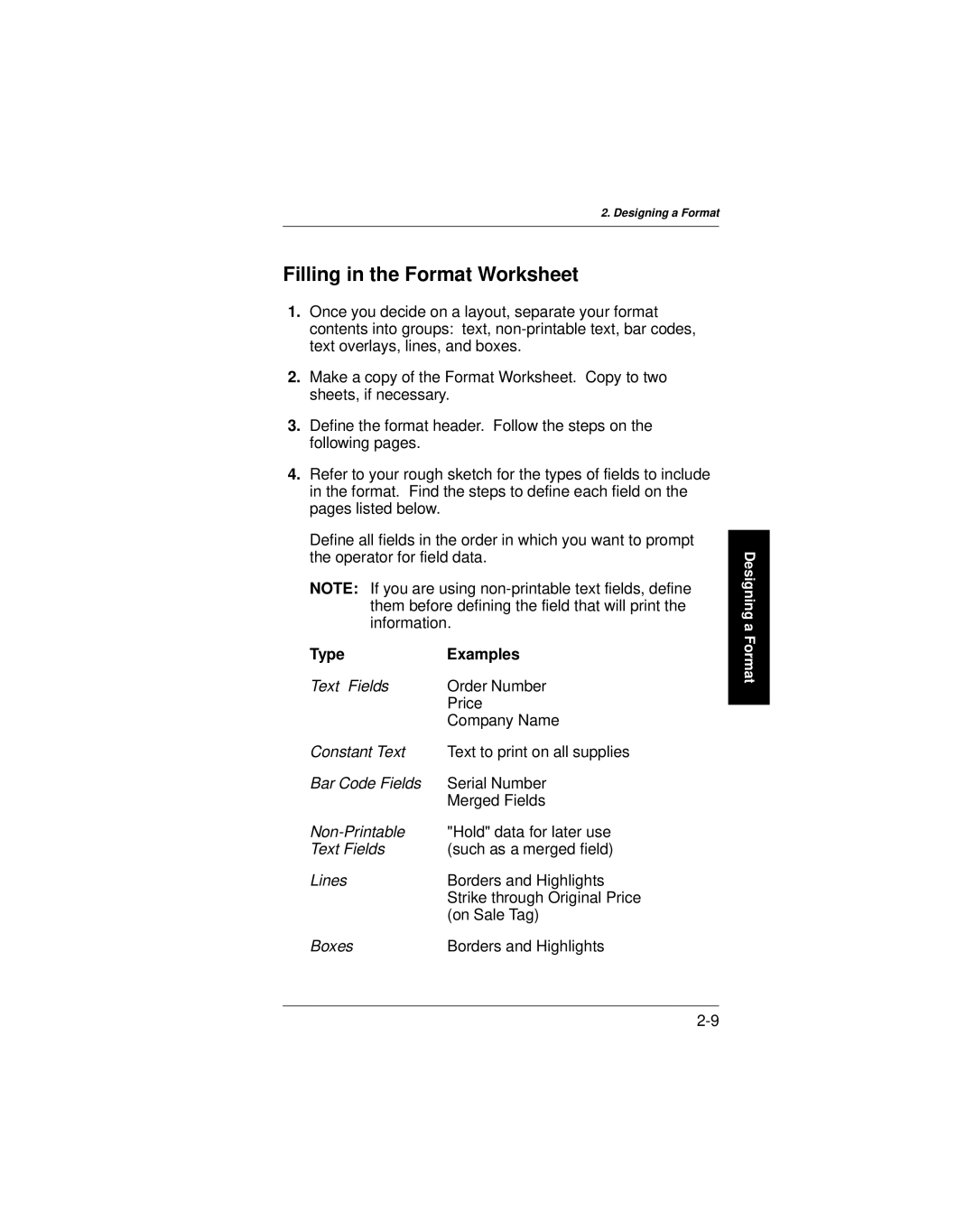 Paxar 9401 manual Filling in the Format Worksheet, Type Examples 