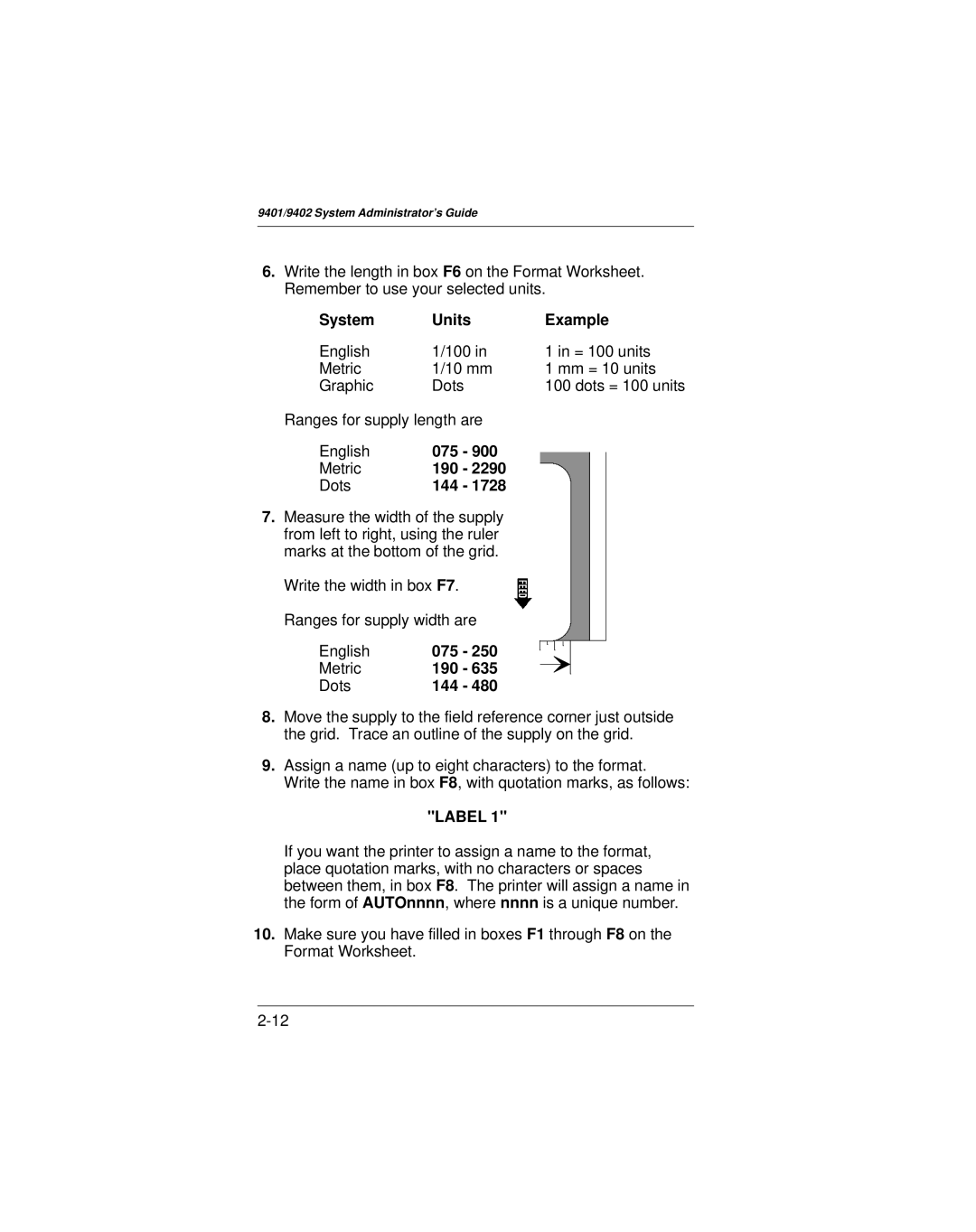 Paxar 9401 manual System Units Example, English 075 Metric 190 Dots144 