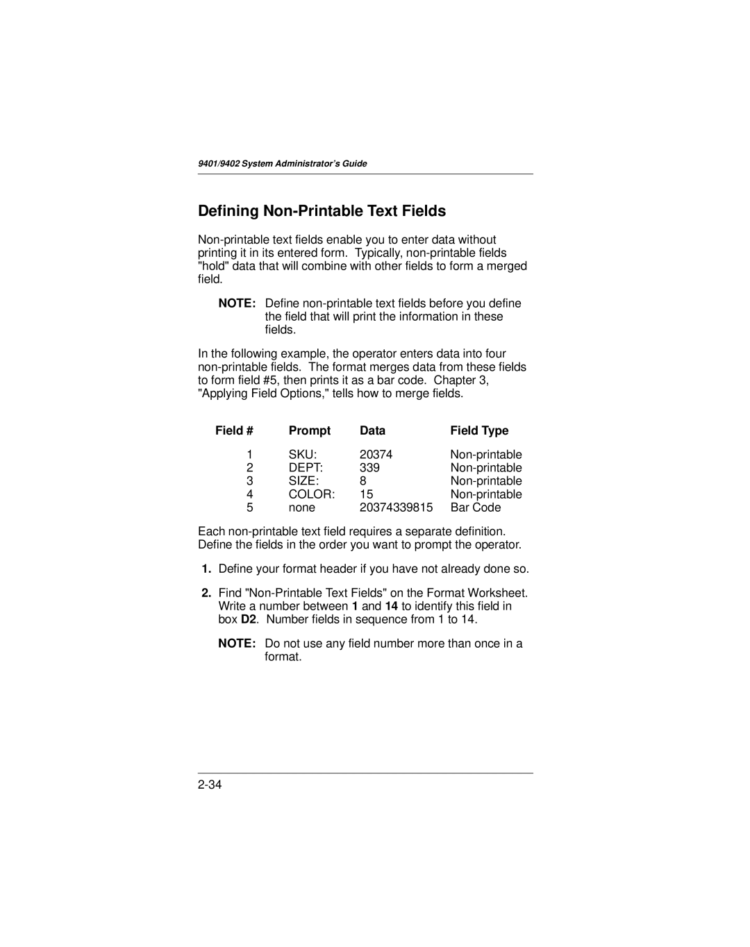 Paxar 9401 manual Defining Non-Printable Text Fields, Prompt Data Field Type 