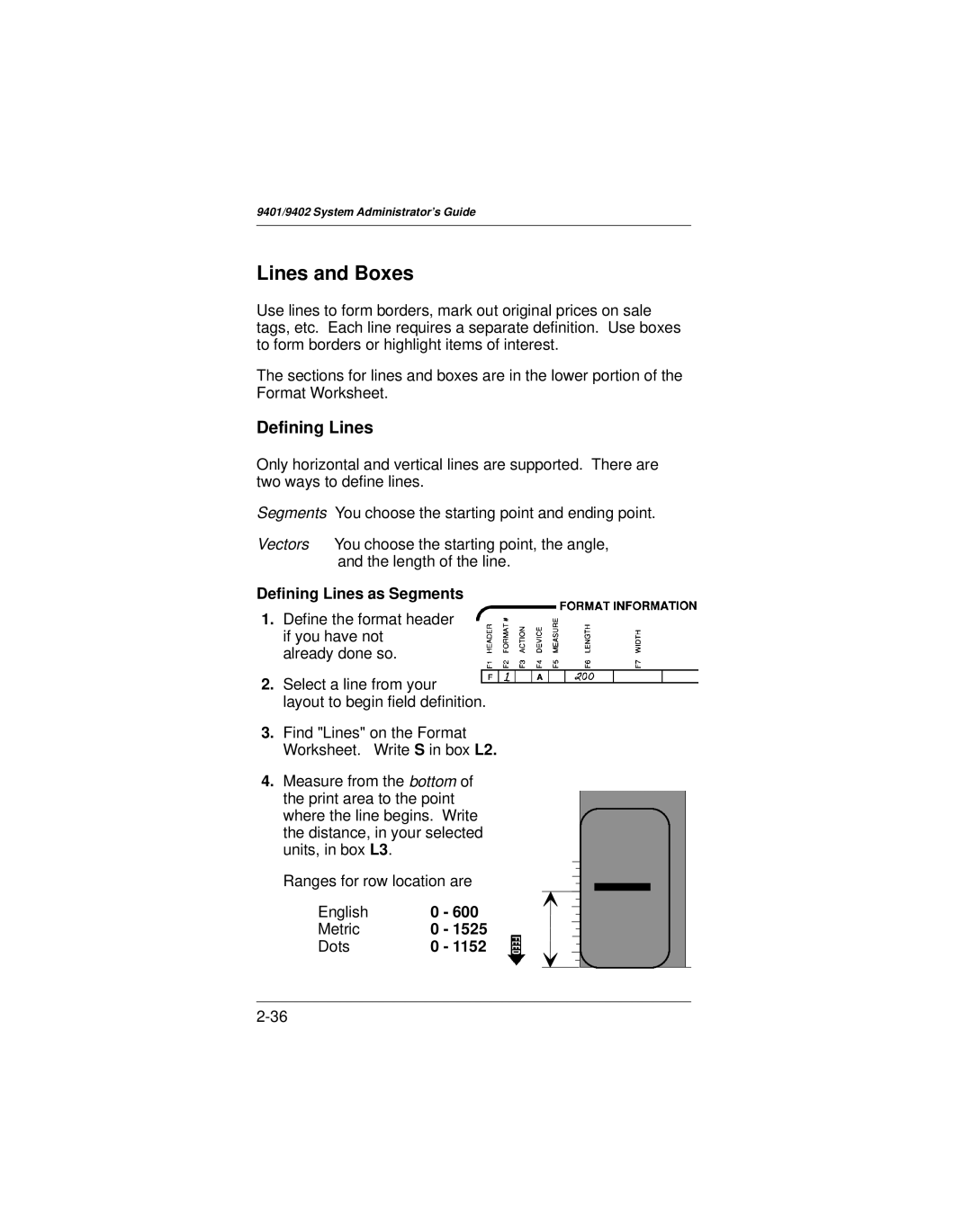 Paxar 9401 manual Lines and Boxes, Defining Lines as Segments 