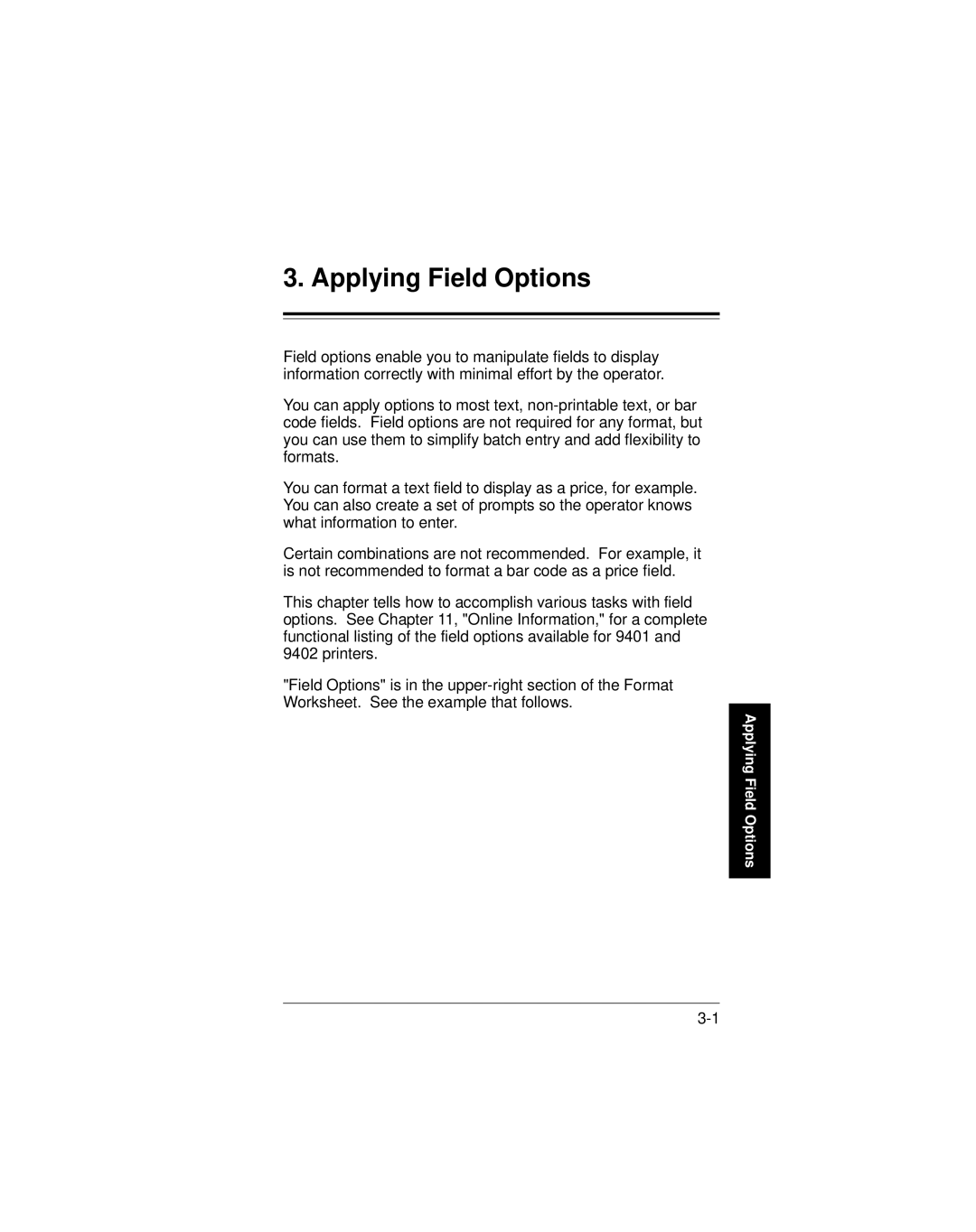 Paxar 9401 manual Applying Field Options 