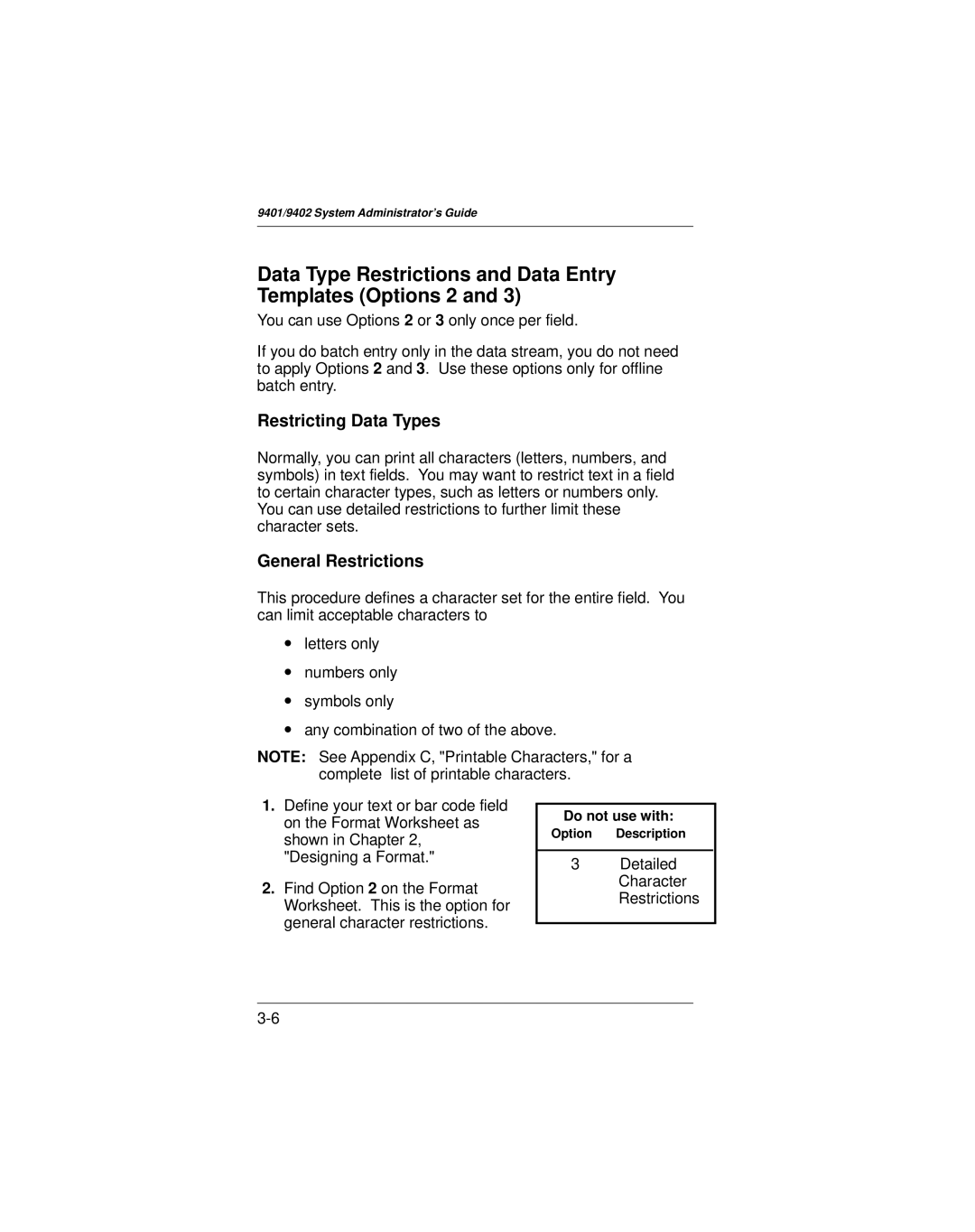 Paxar 9401 manual Data Type Restrictions and Data Entry Templates Options 2, Restricting Data Types, General Restrictions 