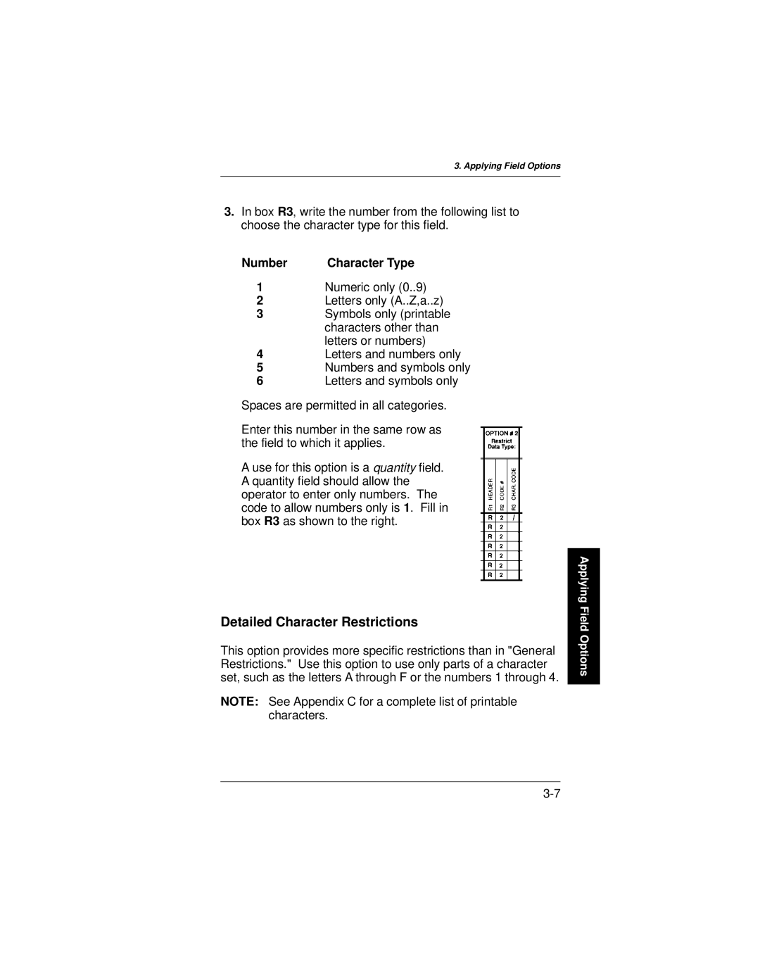 Paxar 9401 manual Detailed Character Restrictions, Number 