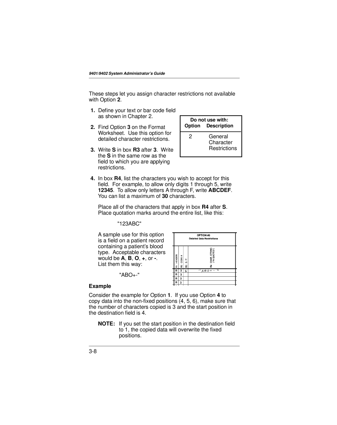 Paxar 9401 manual Do not use with Option Description 