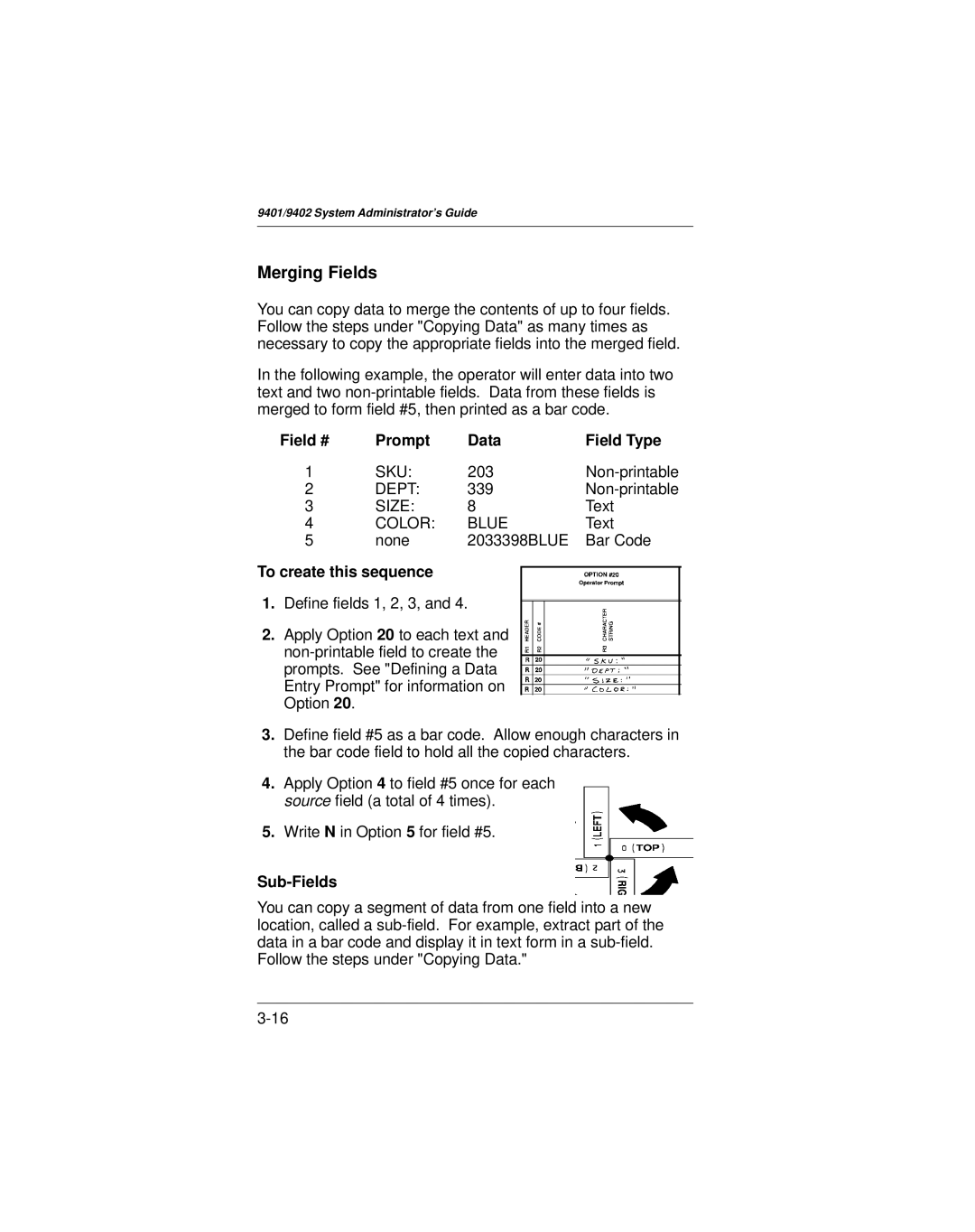 Paxar 9401 manual Merging Fields, To create this sequence, Sub-Fields 