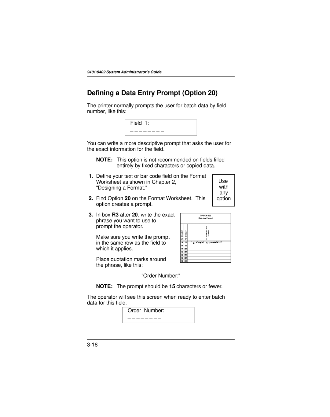 Paxar 9401 manual Defining a Data Entry Prompt Option 