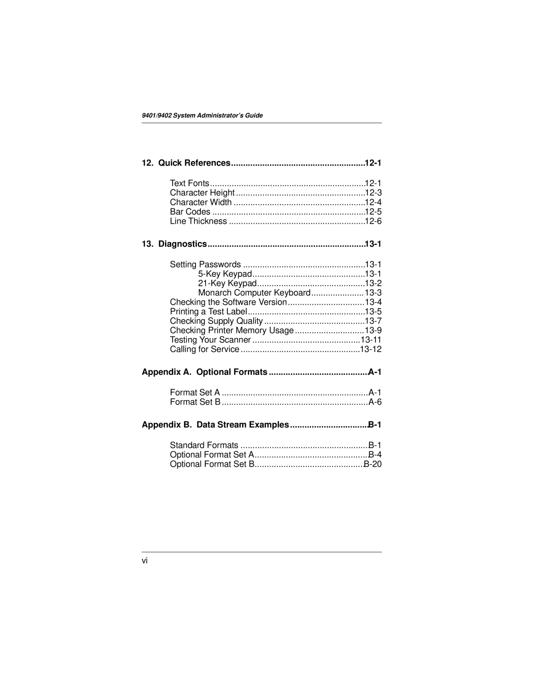 Paxar 9401 manual Quick References 12-1, Diagnostics 13-1 