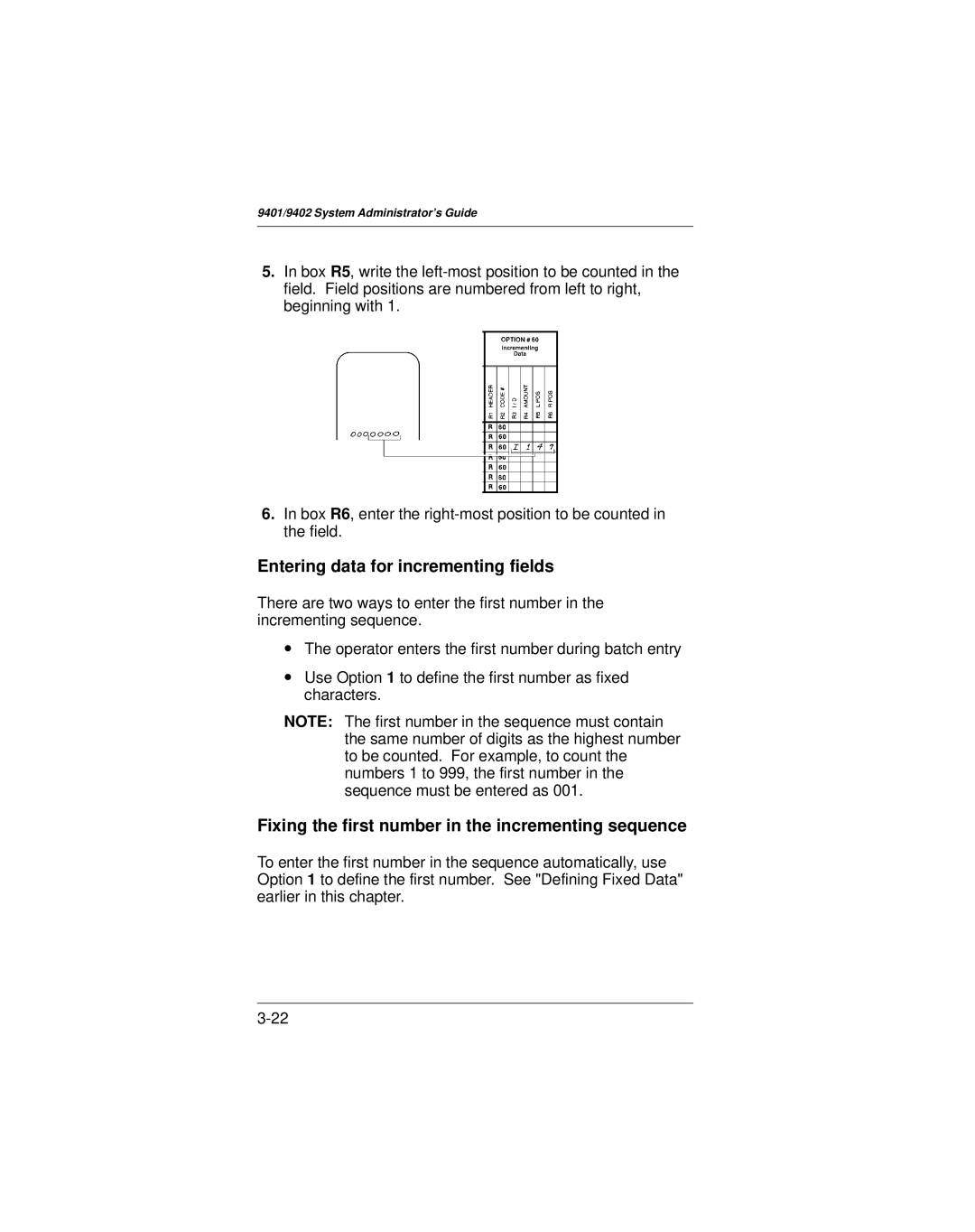 Paxar 9401 manual Entering data for incrementing fields, Fixing the first number in the incrementing sequence 