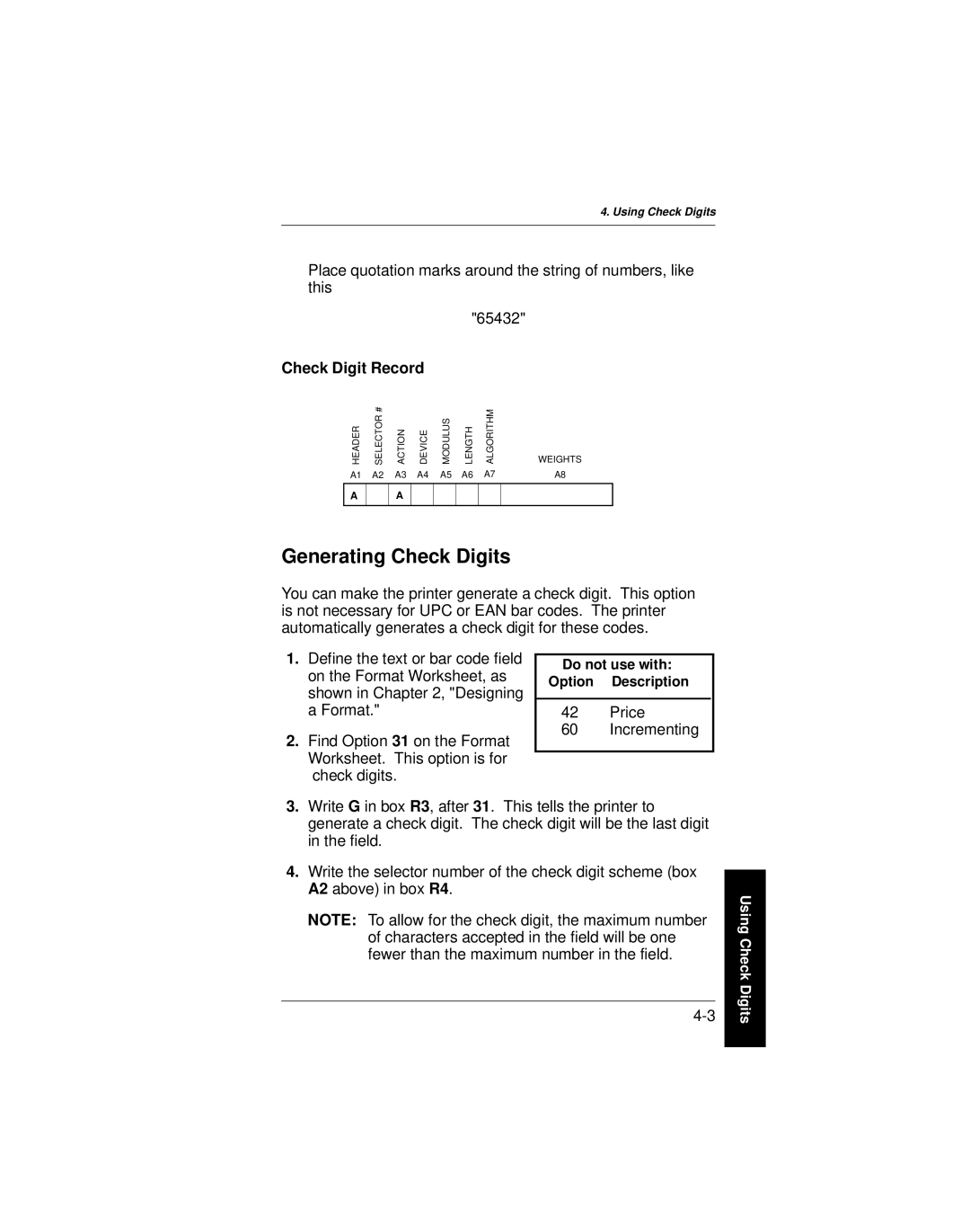 Paxar 9401 manual Generating Check Digits, Check Digit Record 