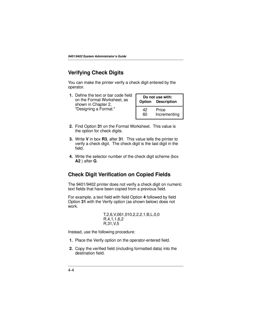 Paxar 9401 manual Verifying Check Digits, Check Digit Verification on Copied Fields 