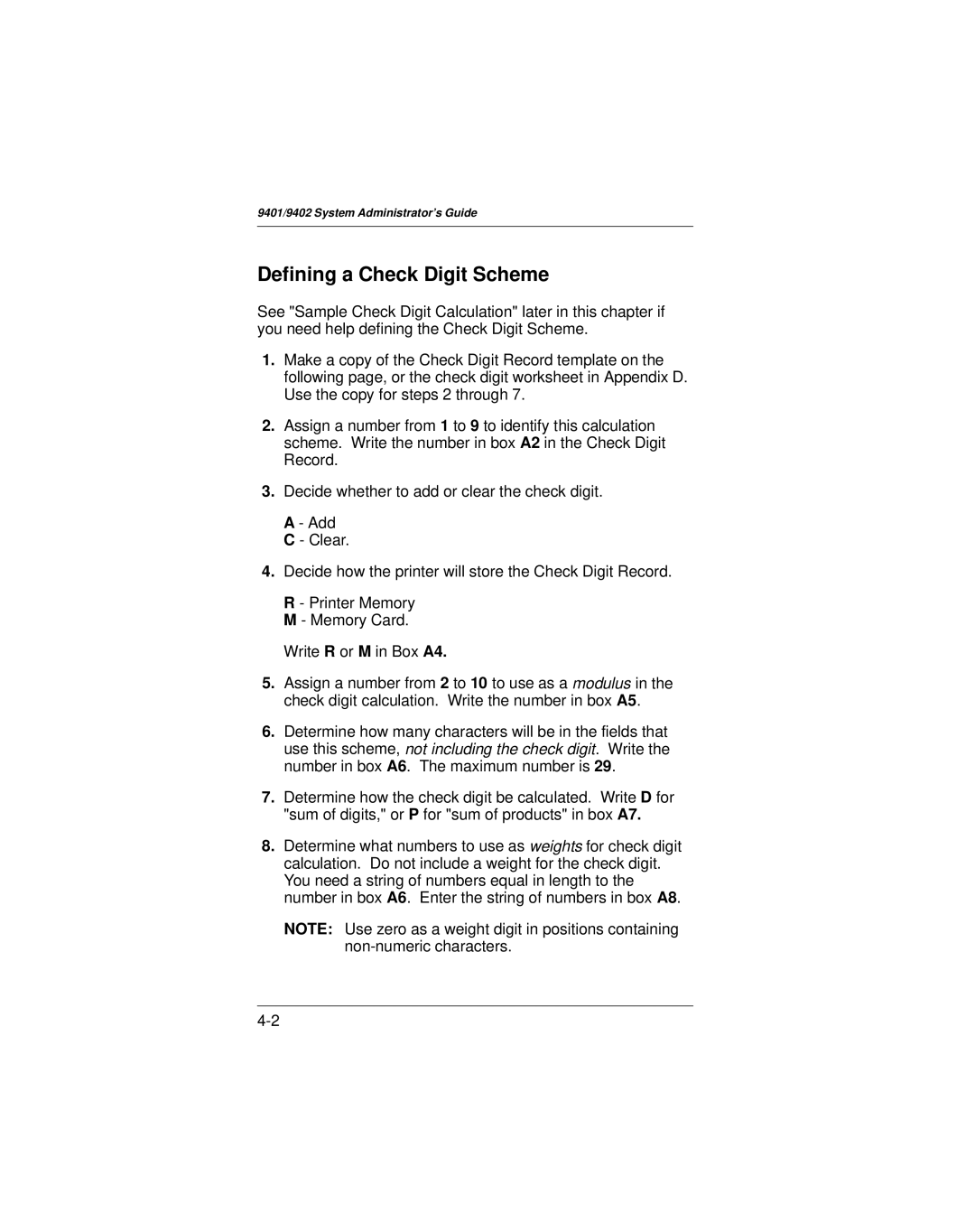 Paxar 9401 manual Defining a Check Digit Scheme 