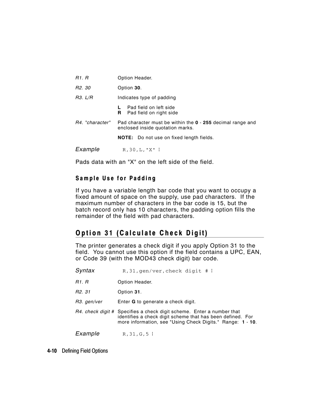 Paxar 9403 T i o n 3 1 C a l c u l a t e C h e c k D i g i t, M p l e U s e f o r P a d d i n g, 10Defining Field Options 