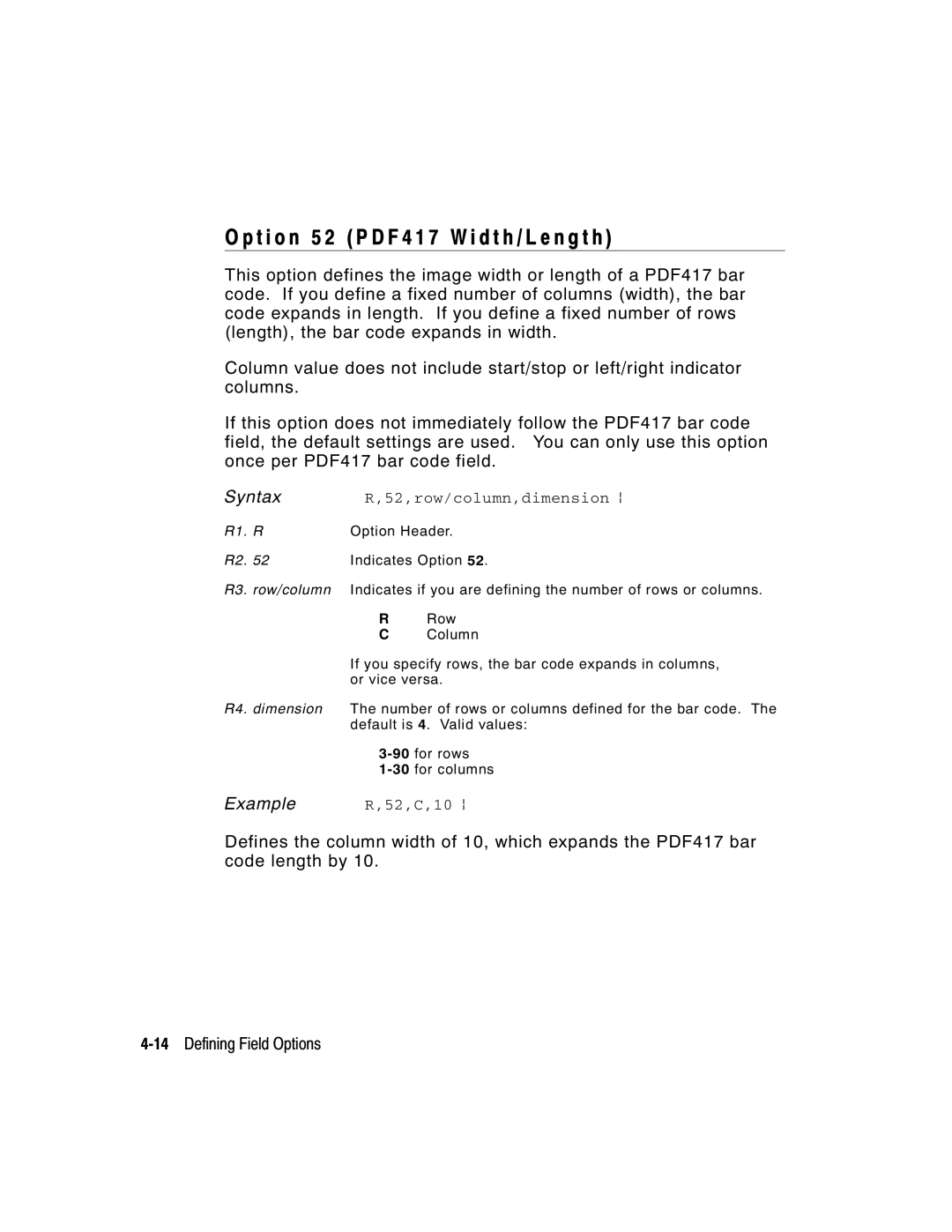 Paxar 9403, 9402 manual T i o n 5 2 P D F 4 1 7 W i d t h / L e n g t h, 14Defining Field Options, 52,row/column,dimension p 