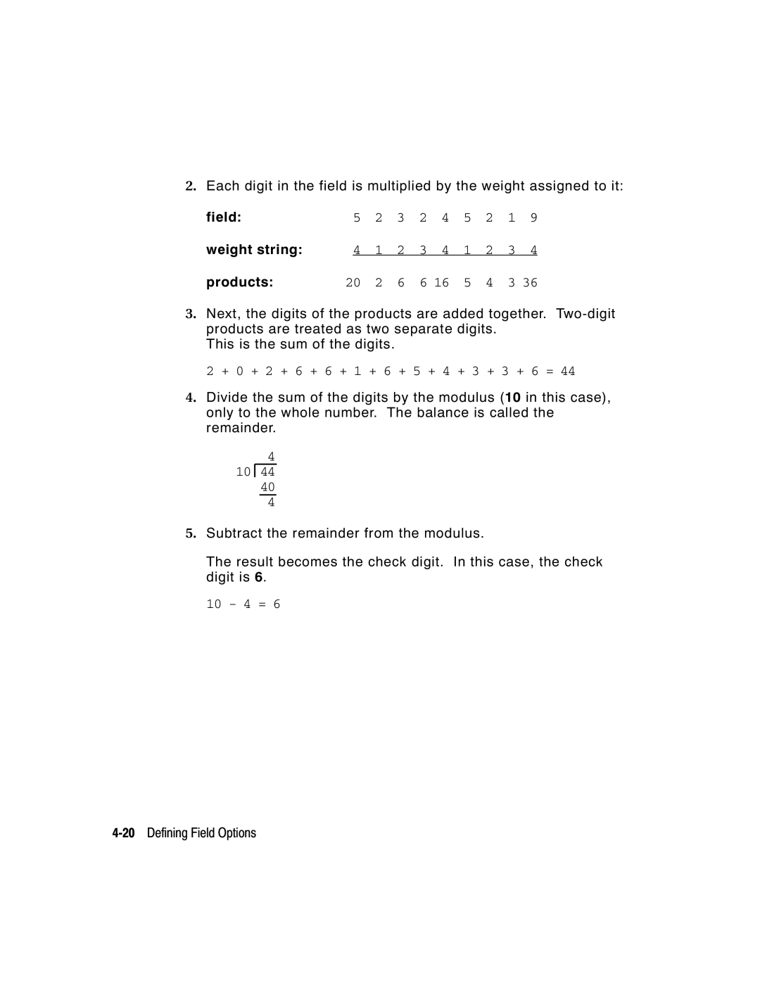 Paxar 9403, 9402 manual + 0 + 2 + 6 + 6 + 1 + 6 + 5 + 4 + 3 + 3 + 6 =, 20Defining Field Options 