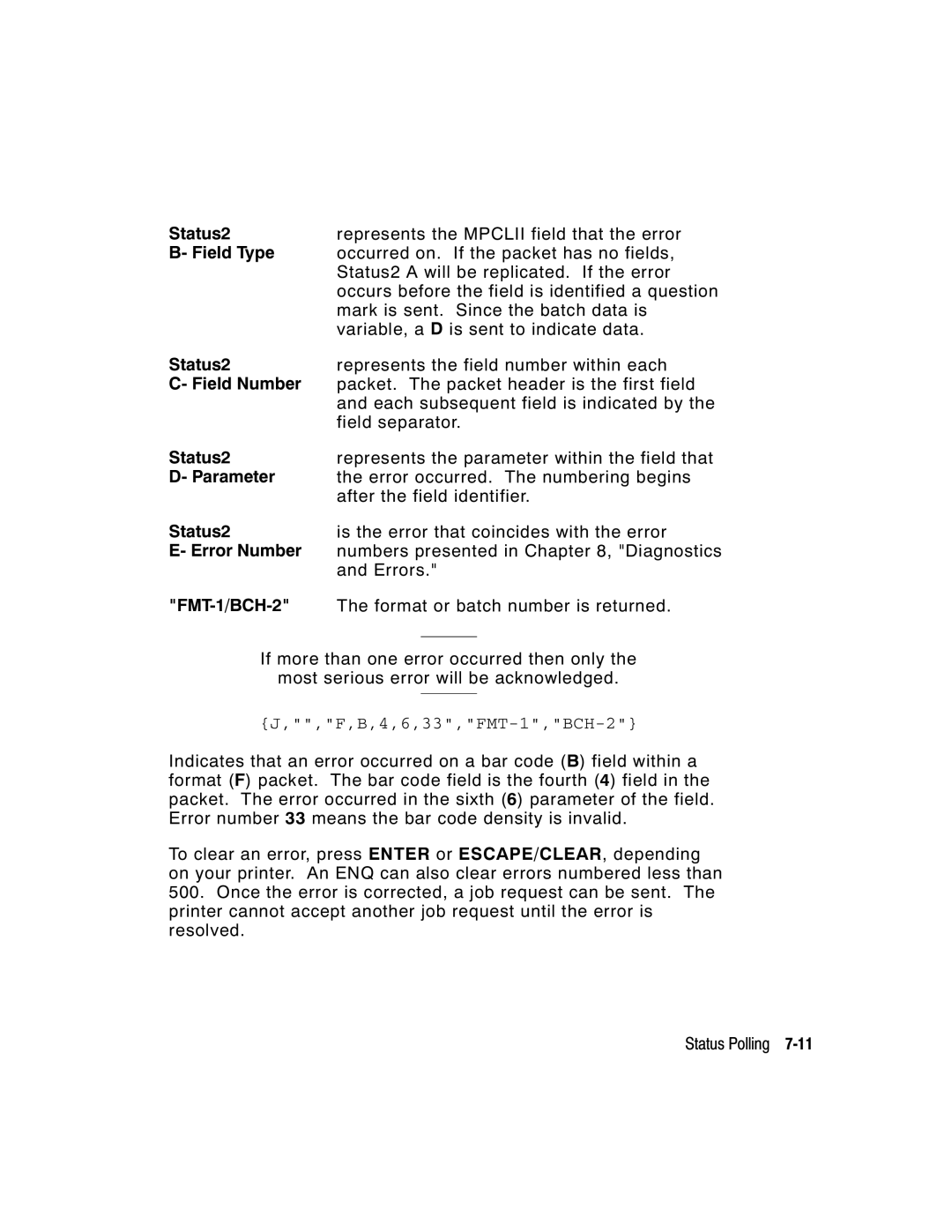 Paxar 9402, 9403 manual Field Number, Parameter, Error Number, FMT-1/BCH-2 