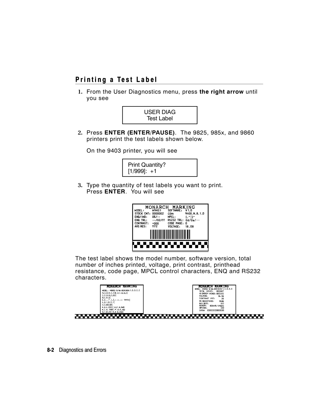 Paxar 9403, 9402 manual I n t i n g a Te s t L a b e l, User Diag 