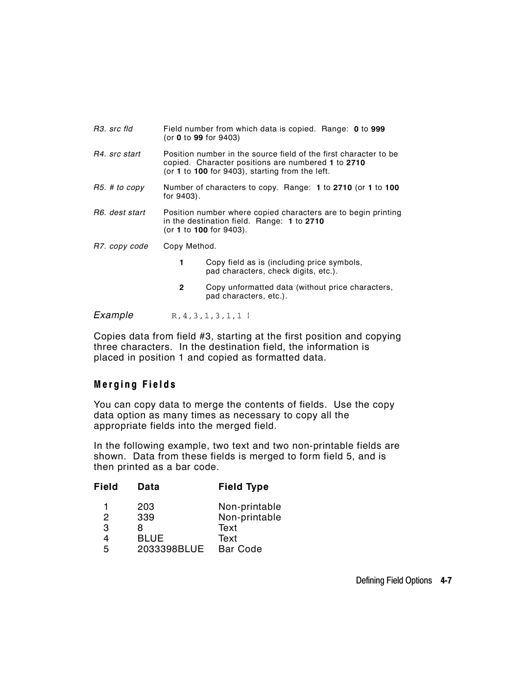 Paxar 9402, 9403 manual R g i n g F i e l d s, Non-printable 339 Text, 2033398BLUE Bar Code Defining Field Options 