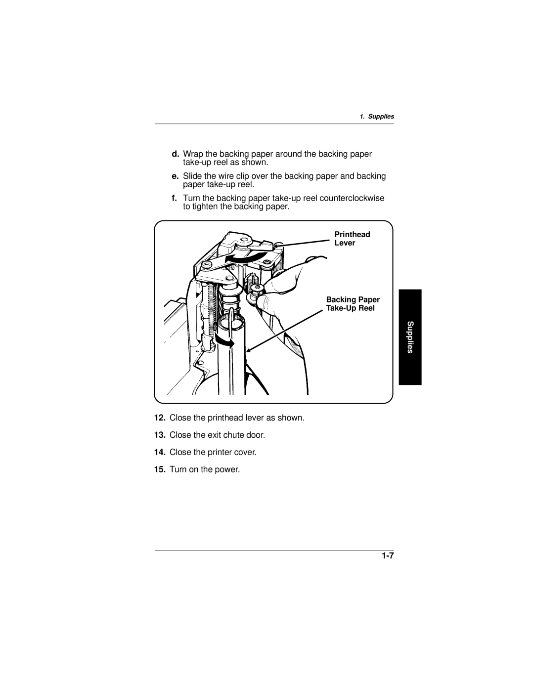 Paxar 9406 manual Printhead Lever Backing Paper Take-Up Reel 