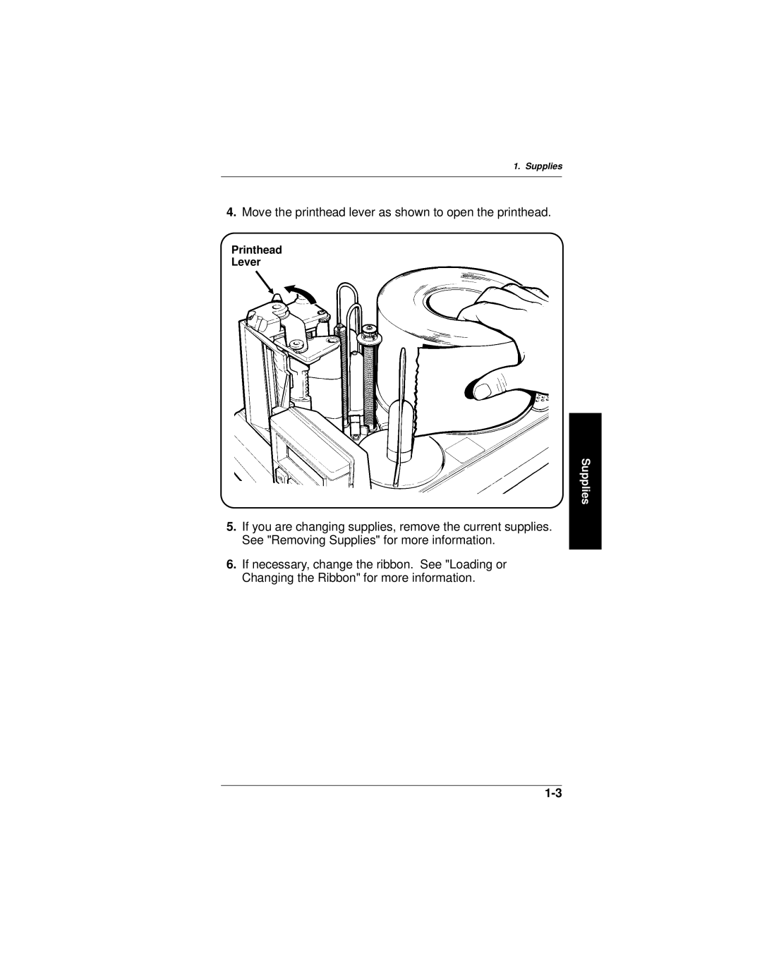 Paxar 9406 manual Move the printhead lever as shown to open the printhead 