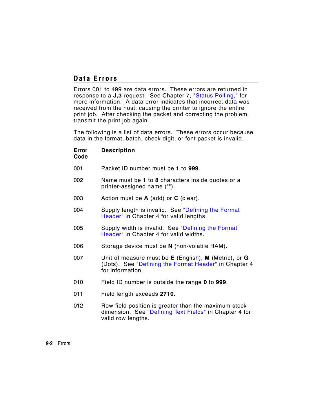 Paxar 9413, 9412 manual T a Error s, Error Description Code 