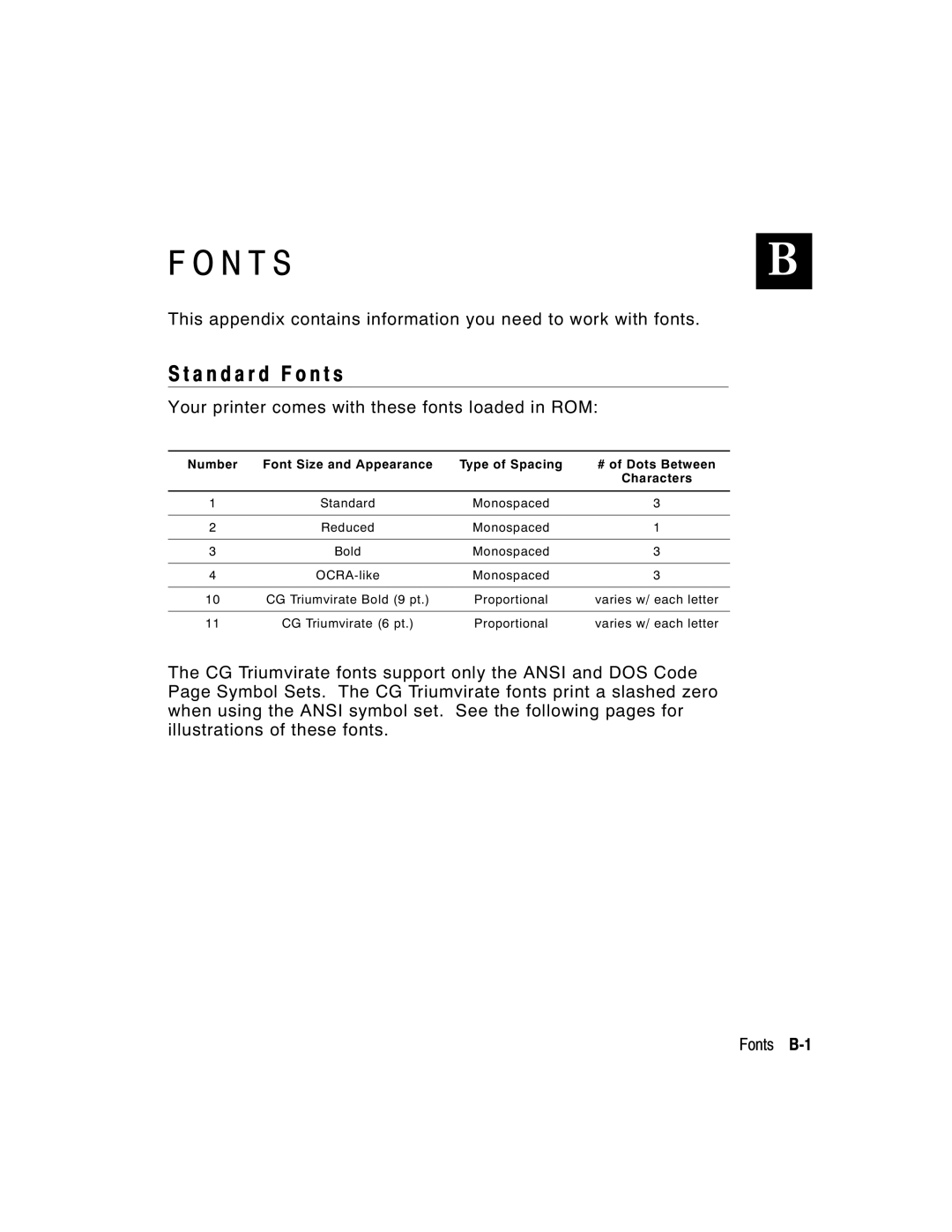 Paxar 9412, 9413 manual N T Sb, A n d a r d F o n t s, Your printer comes with these fonts loaded in ROM 