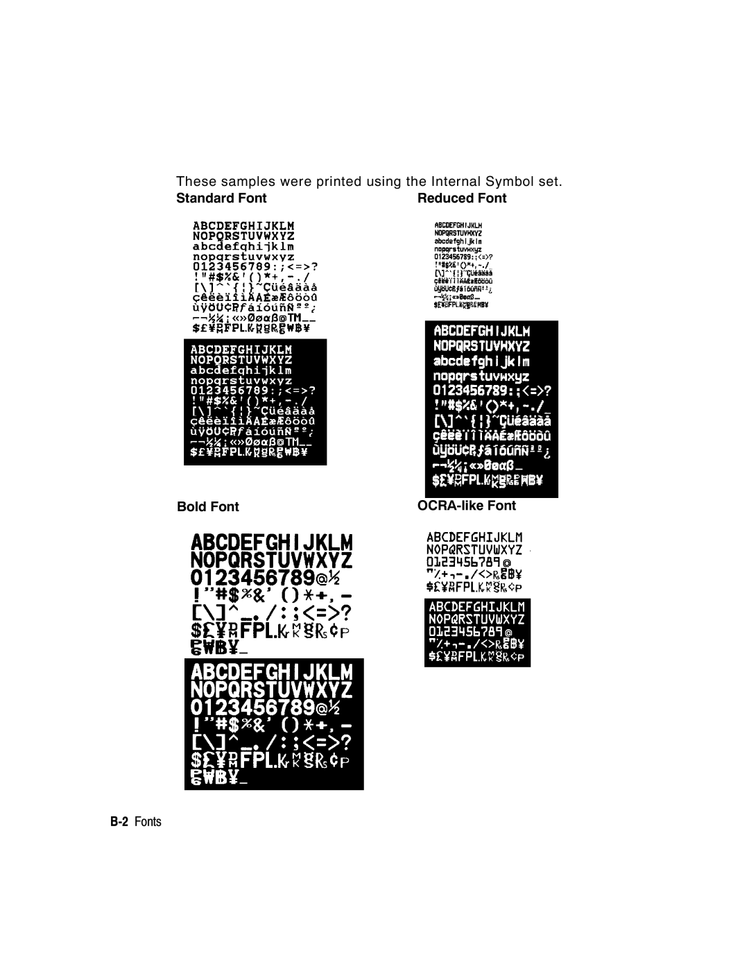 Paxar 9413, 9412 manual These samples were printed using the Internal Symbol set, Standard Font, Bold Font, 2Fonts 