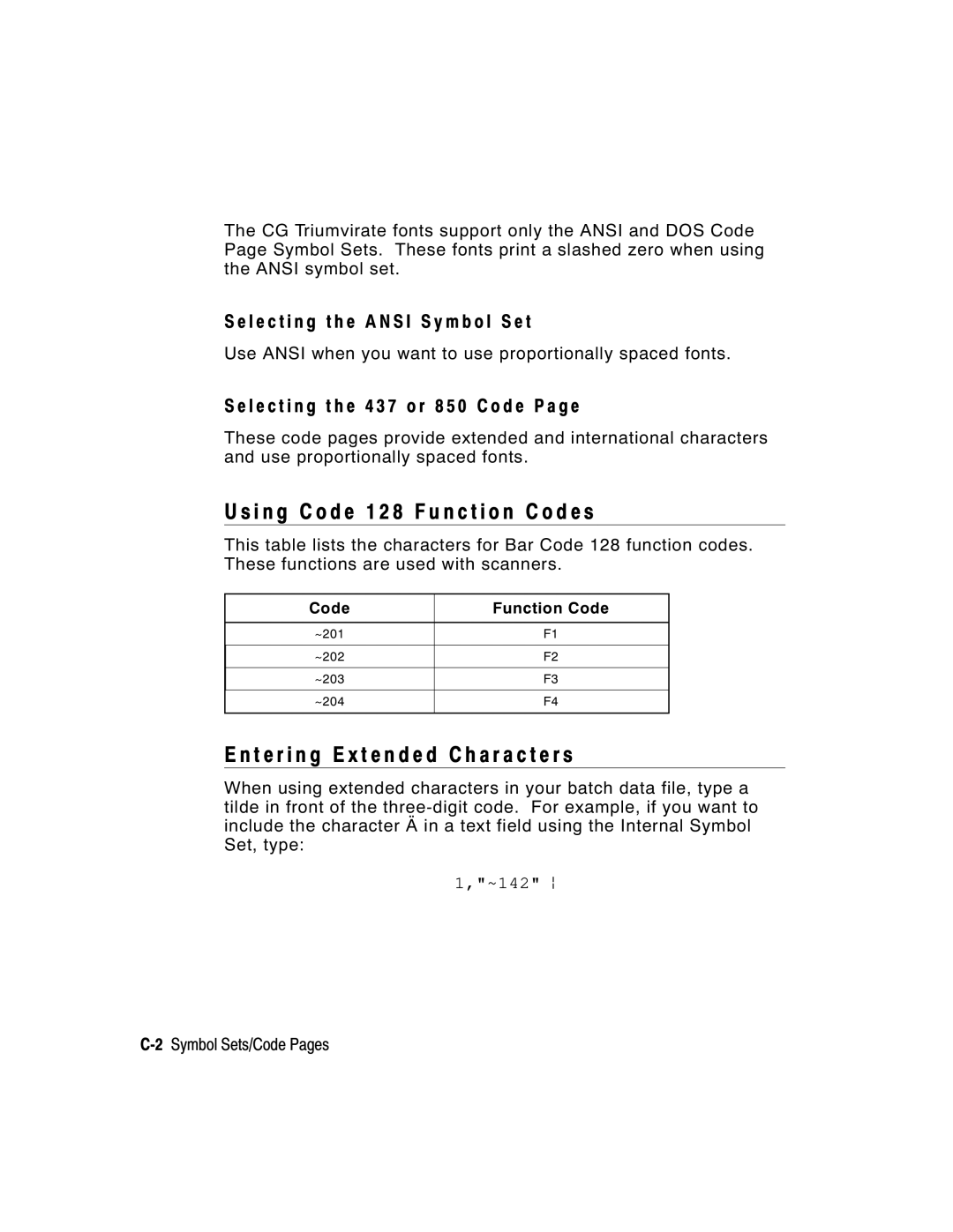 Paxar 9413, 9412 manual I n g code 1 2 8 F u n c t i o n codes, T e r i n g E x t e n d e d C h a r a c t e r s 