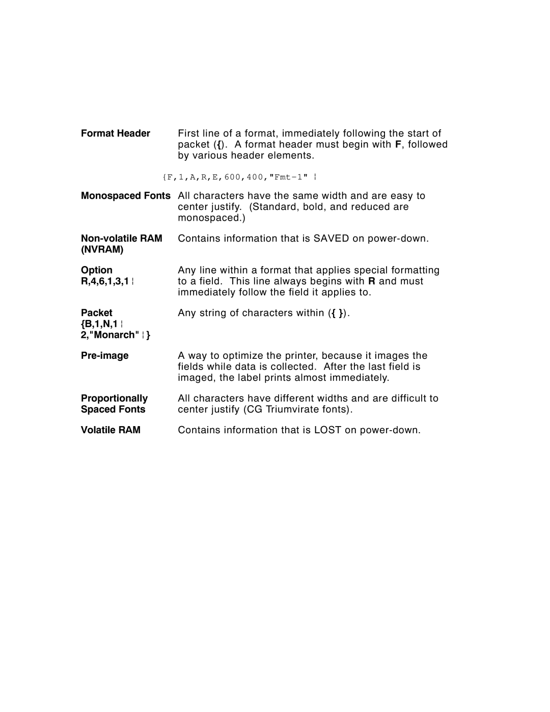 Paxar 9413, 9412 manual Non-volatile RAM, Option, 6,1,3,1 p, Packet, N,1 p Monarch p Pre-image, Proportionally, Spaced Fonts 